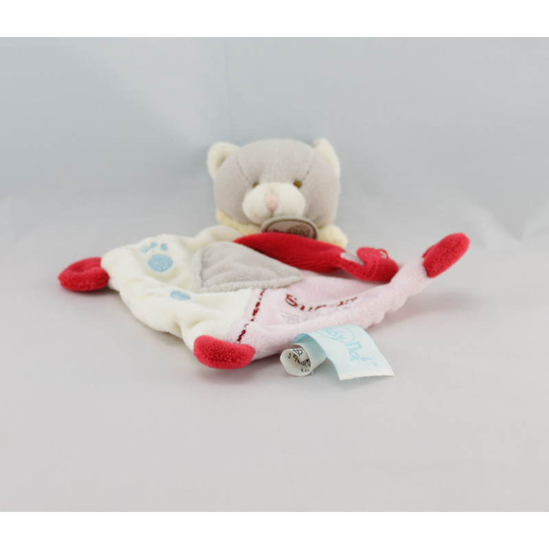 Doudou plat chat rose blanc gris super tétine BABY NAT