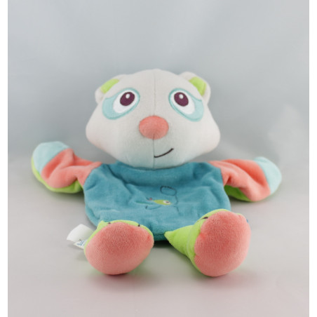 Doudou marionnette chat bleu vert rose SUCRE D'ORGE