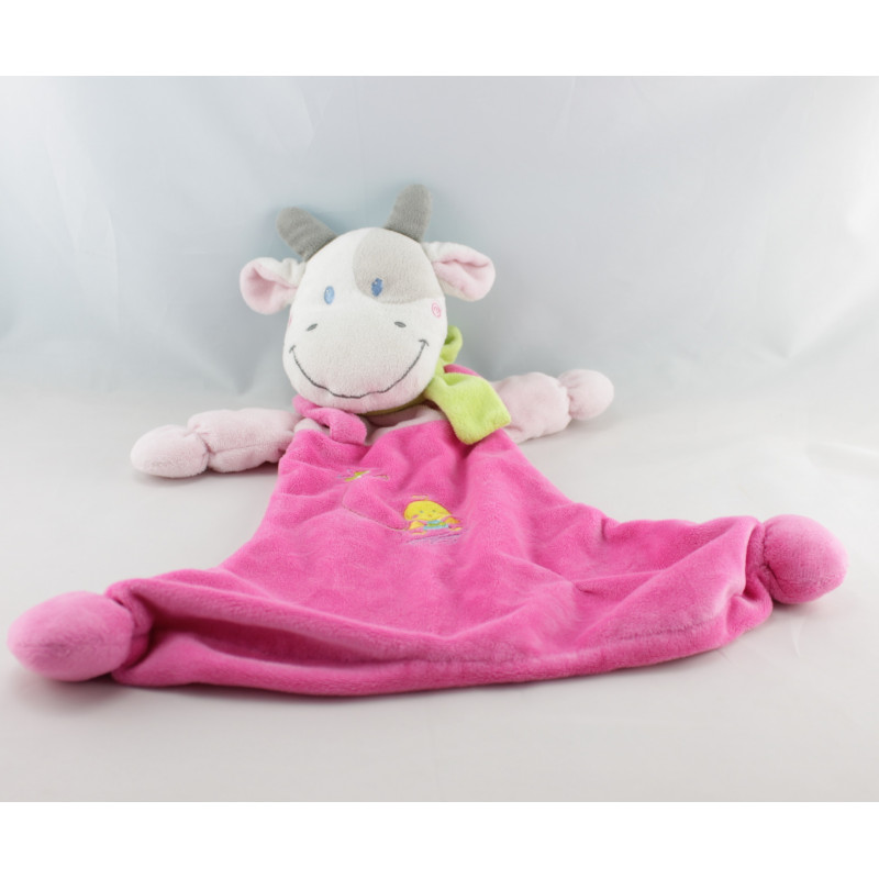 Grand Doudou plat vache rose pois foulard vert oiseau NICOTOY