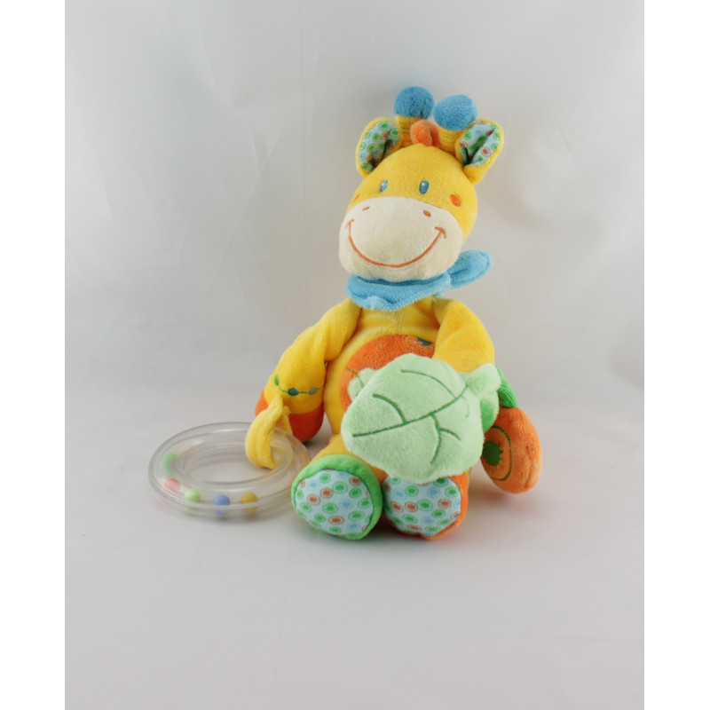 Doudou girafe jaune orange feuille verte hochet NICOTOY