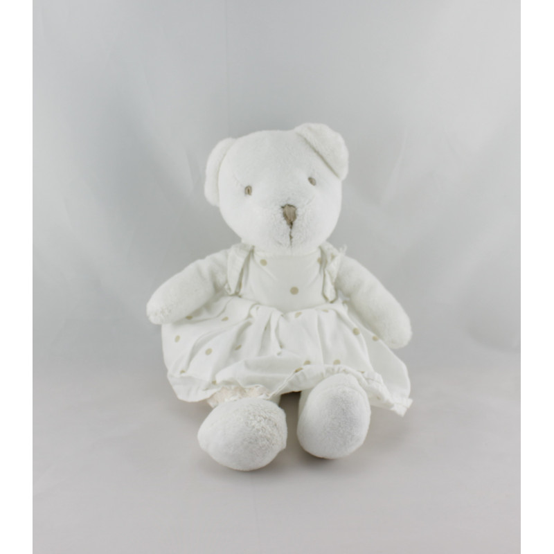 Doudou  ours blanc robe blanche pois beige