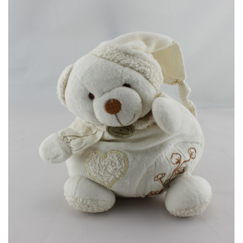 Doudou et compagnie bio ours blanc beige fleurs coeur