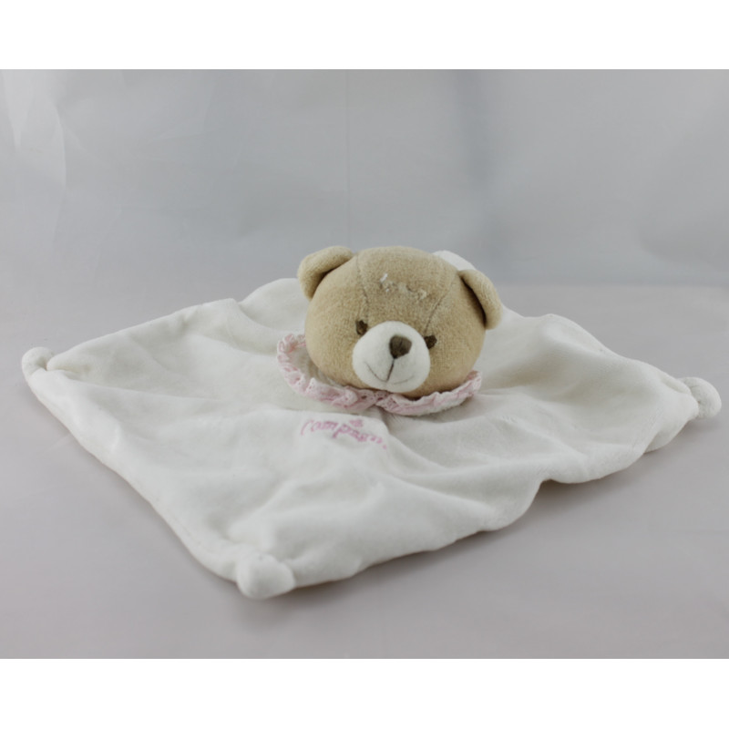 Doudou plat ours blanc col rose DOUDOU ET COMPAGNIE