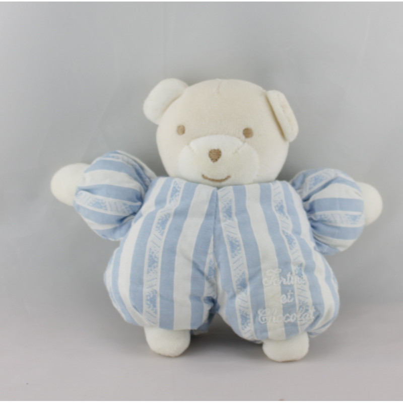 Doudou ours blanc rayé bleu TARTINE ET CHOCOLAT 16 cm