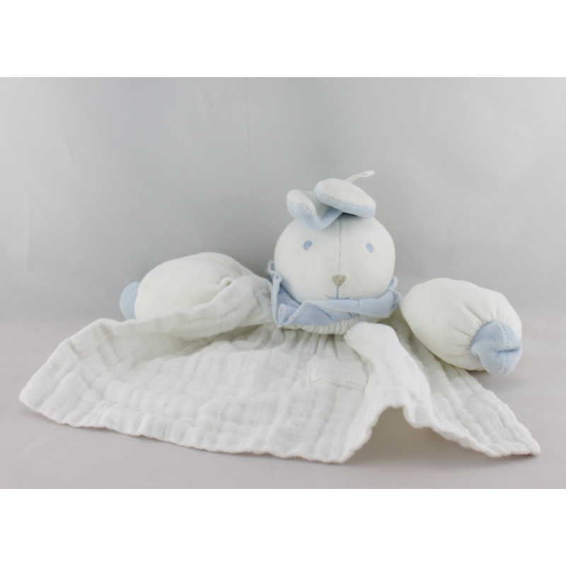 Doudou plat lapin blanc bleu TARTINE ET CHOCOLAT