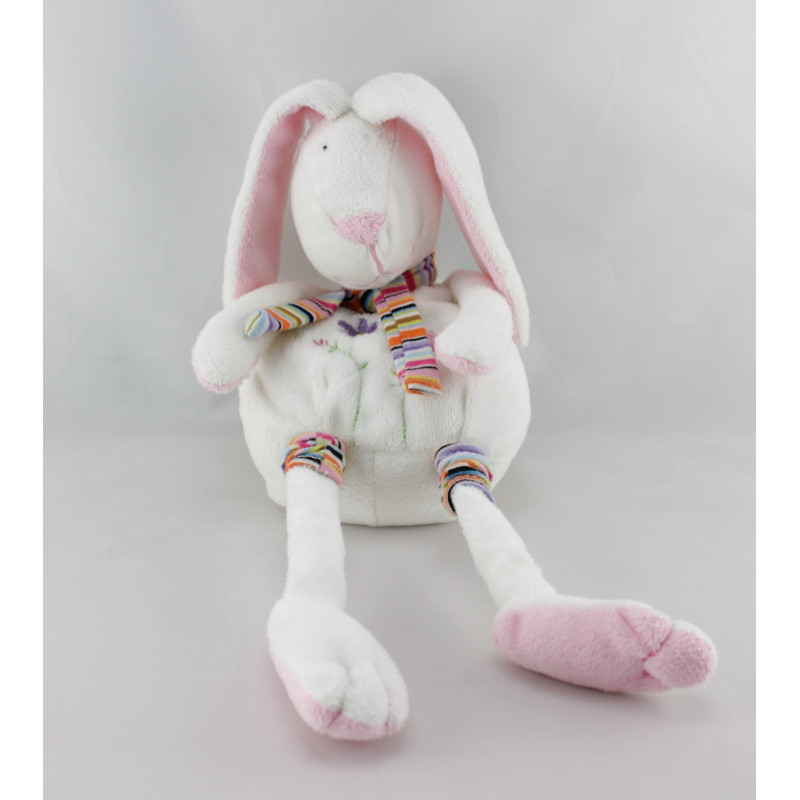 Doudou lapin blanc rose fleurs brodées CP INTERNATIONAL