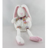Doudou lapin blanc rose fleurs brodées CP INTERNATIONAL