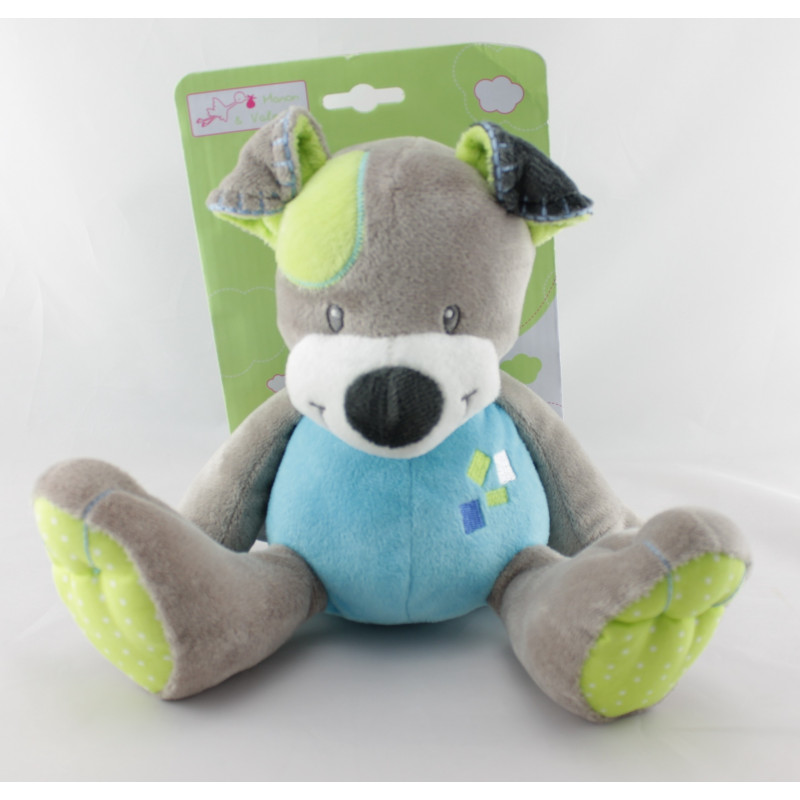 Doudou chien gris bleu vert MANON ET VALENTIN