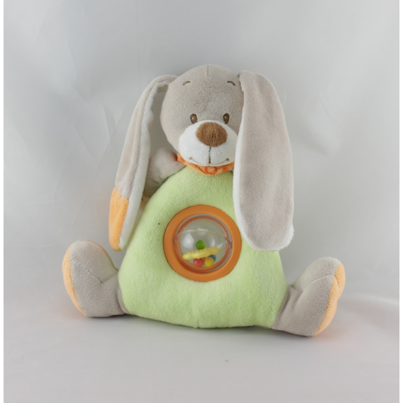 Doudou lapin hochet beige vert orange INFLUX