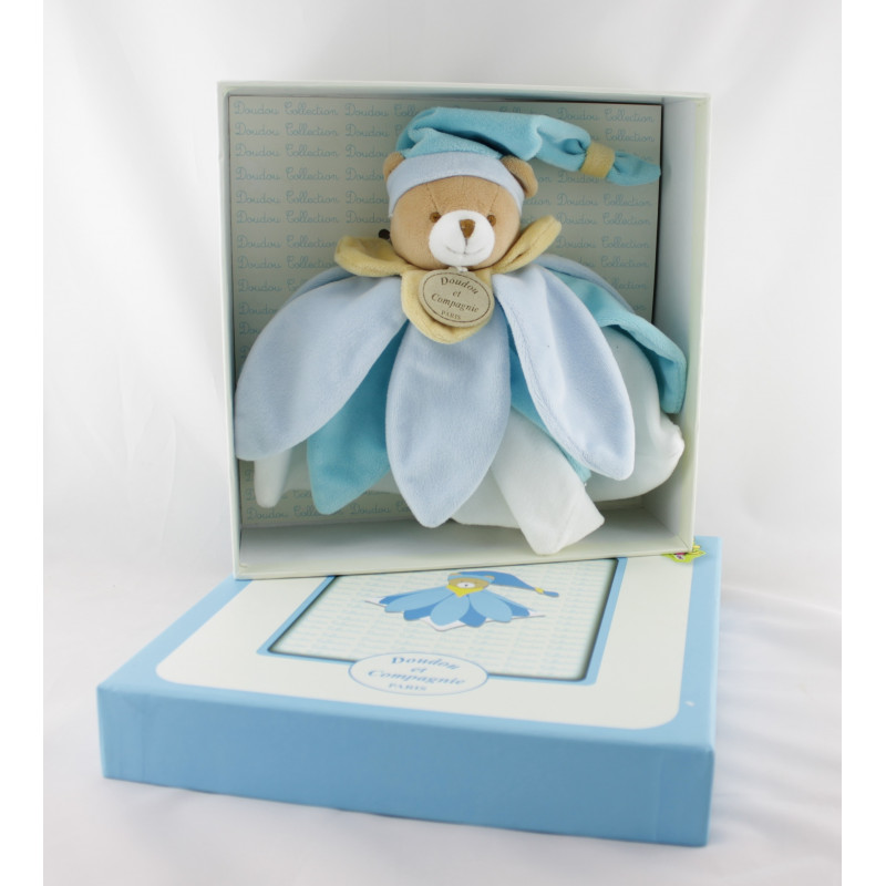 Doudou et compagnie collector ours plat fleur pétale bleu et blanc avec boite 