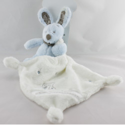 Doudou plat lapin bleu gris mouchoir blanc NICOTOY