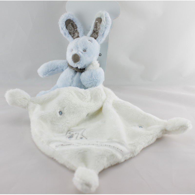 Doudou plat lapin bleu gris mouchoir blanc NICOTOY