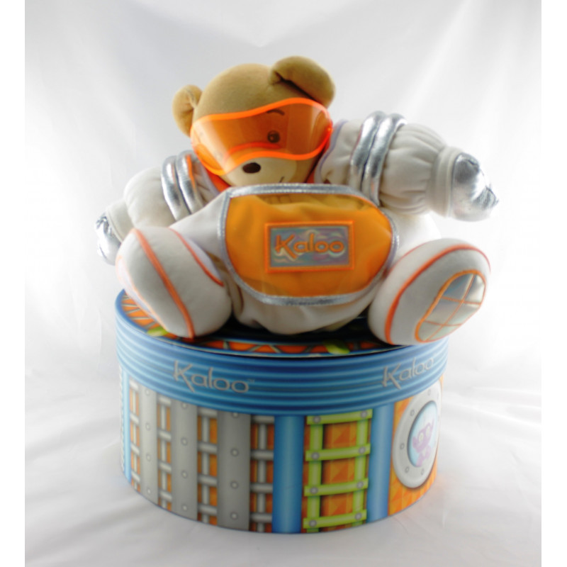 Doudou ours blanc gris argenté lunette poche orange cosmonaute KALOO