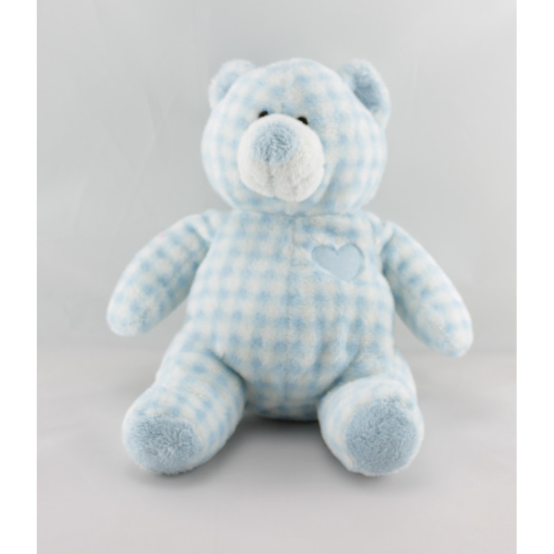 Peluche ours vichy bleu coeur AJENA 