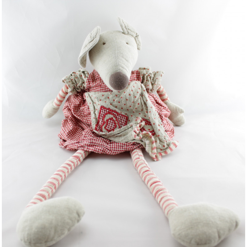 Doudou peluche souris beige rouge vichy LOUISE MANSEN
