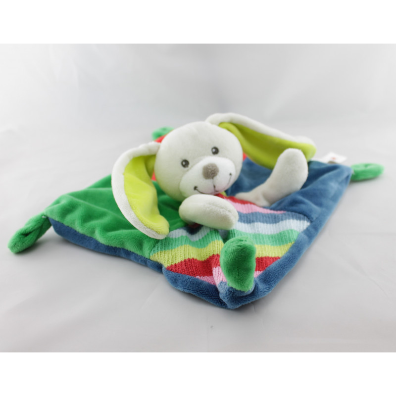 Doudou plat lapin bleu vert laine NICOTOY