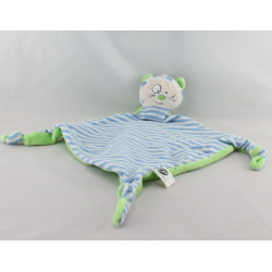 Doudou plat chat rayé bleu vert CP INTERNATIONAL