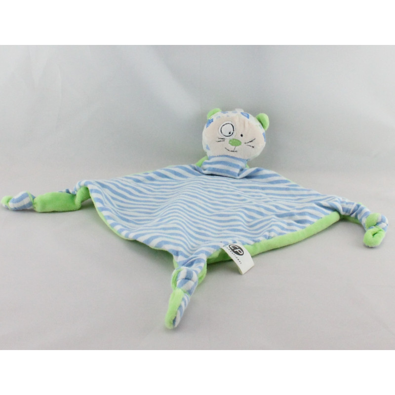 Doudou plat chat rayé bleu vert CP INTERNATIONAL