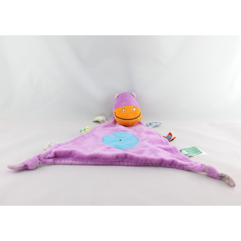 Doudou plat hippopotame rose étiquettes BABA TOYS