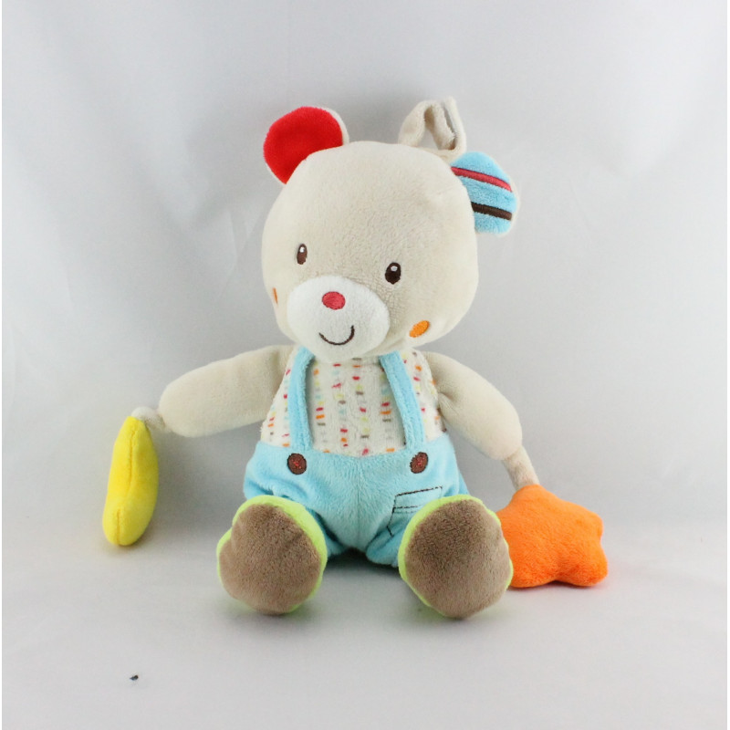 Doudou musical ours salopette bleu lune étoile MOTS D'ENFANTS