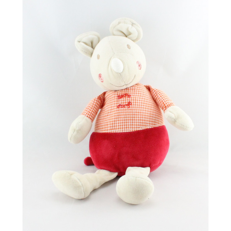 Doudou Souris beige vichy rouge SUCRE D'ORGE 