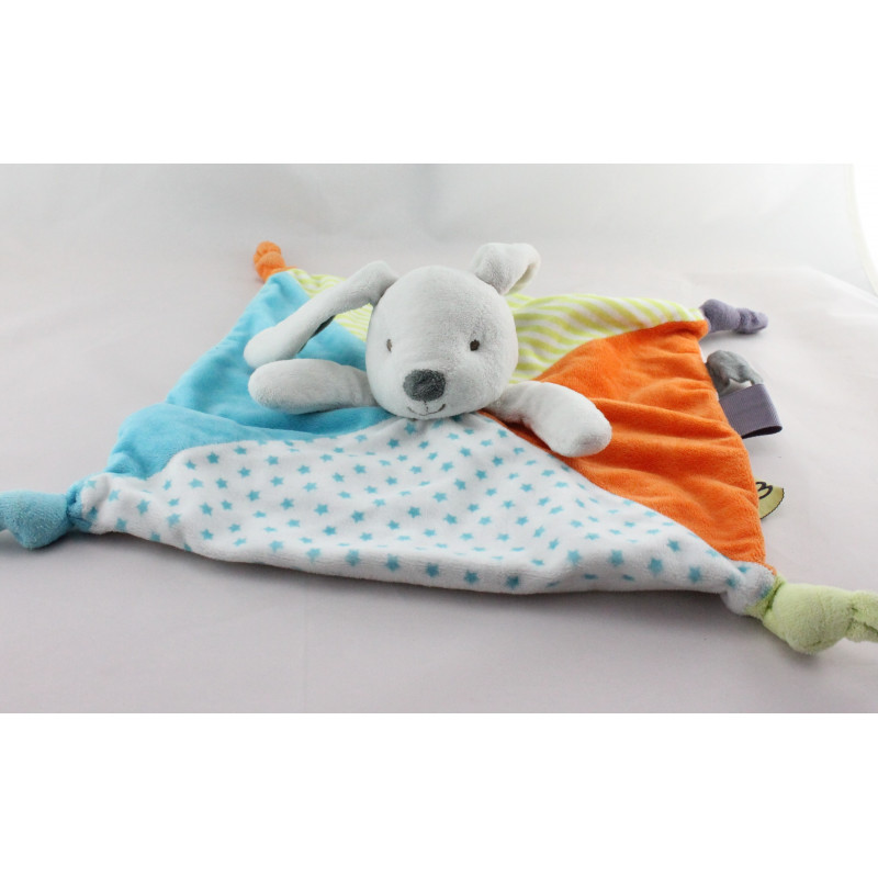 Doudou plat lapin bleu orange vert étoiles OBAIBI