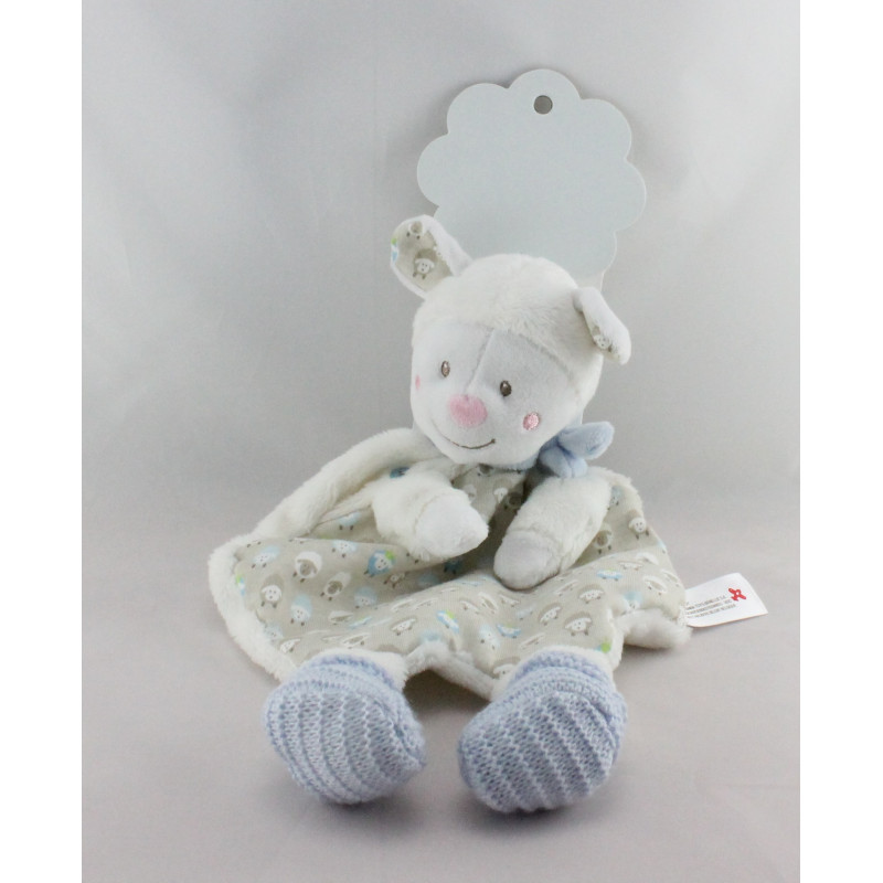 Doudou plat mouton blanc beige bleu laine NICOTOY