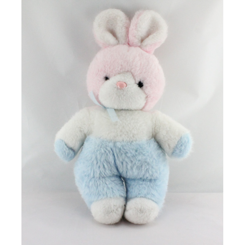 Ancienne peluche lapin rose blanc bleu NOUNOURS 