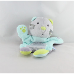Doudou marionnette chat gris bleu vert violet SUCRE D'ORGE