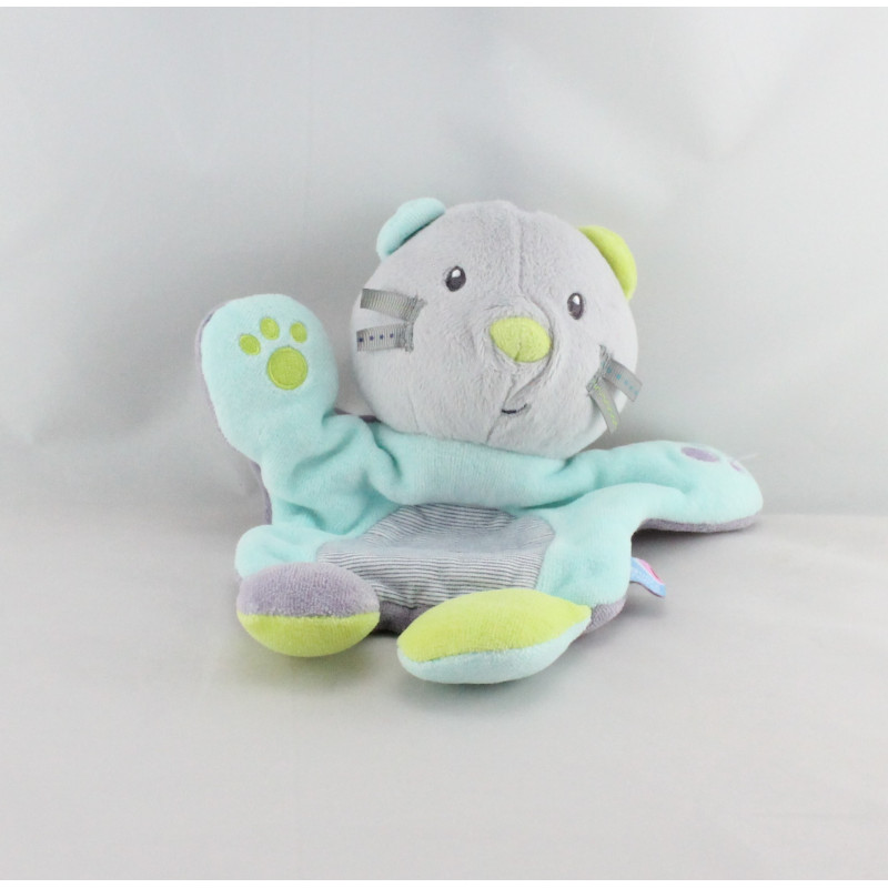 Doudou marionnette chat gris bleu vert violet SUCRE D'ORGE