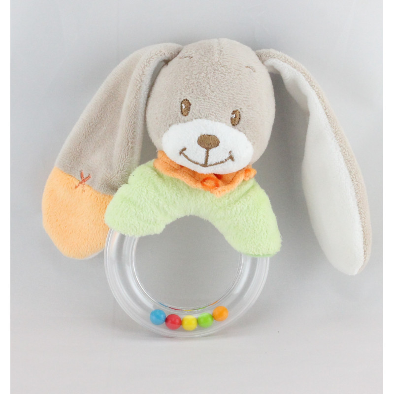 Doudou hochet lapin beige vert TEX