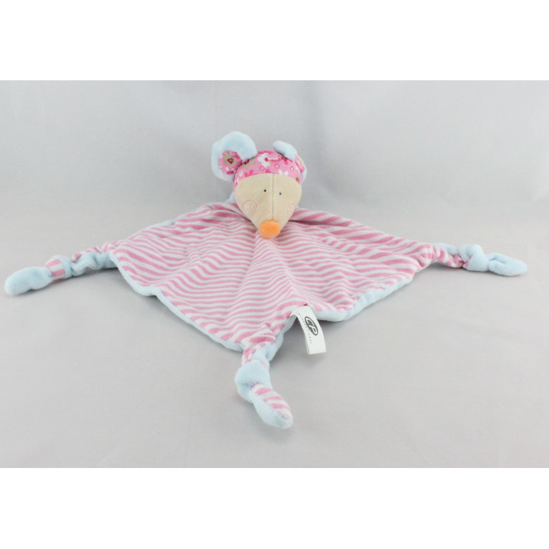 Doudou plat souris bleu rayé rose CP INTERNATIONAL