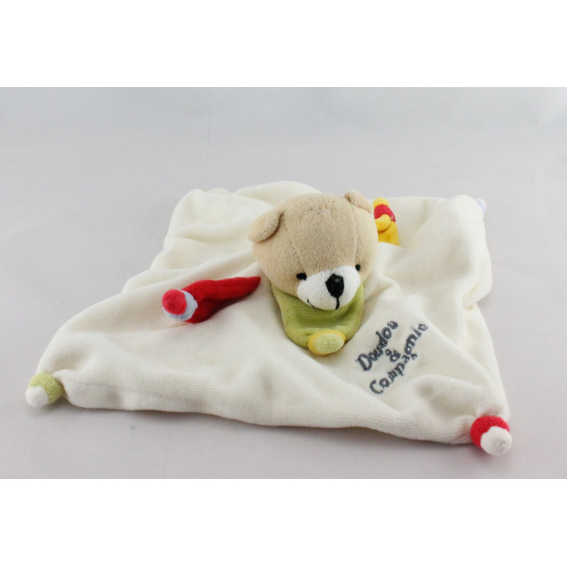 Doudou plat ours arlequin col rouge jaune vert DOUDOU ET COMPAGNIE 