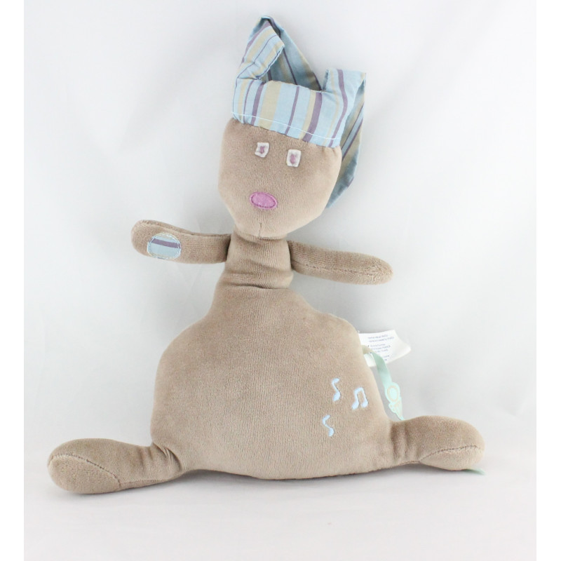 Doudou musical lapin marron bonnet rayé bleu OBAIBI OKAIDI