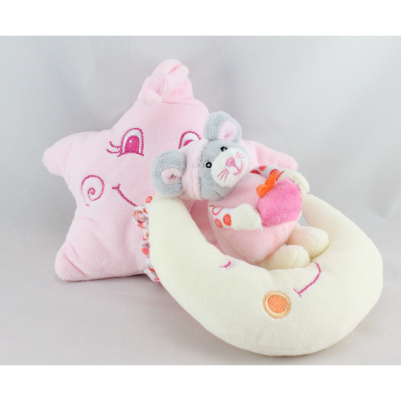 Doudou musical étoile souris blanc rose sur lune GIPSY