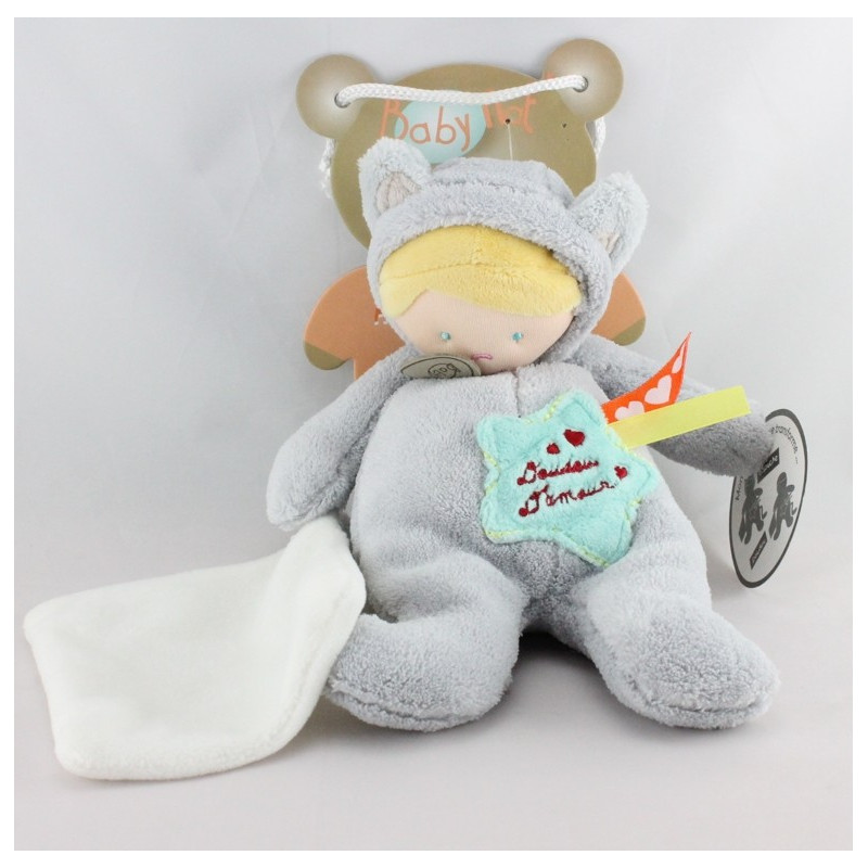 Doudou poupée déguisé en chat gris mouchoir BABY NAT 