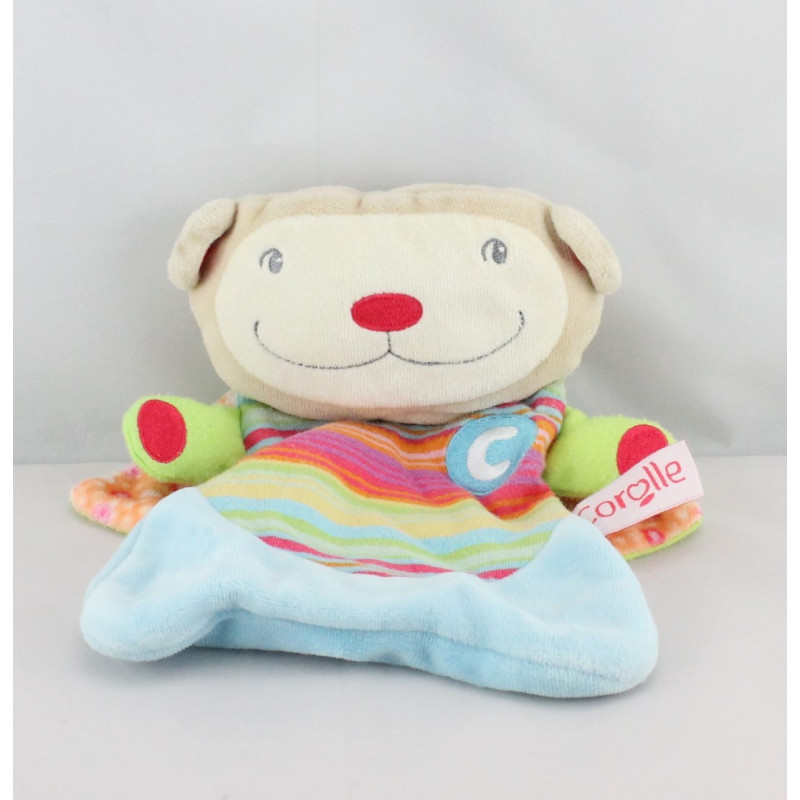 Doudou plat singe bleu vert orange rayures cape COROLLE