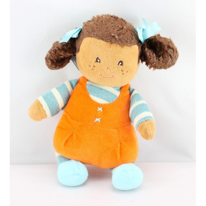 Doudou poupée fille orange bleu nattes AJENA 