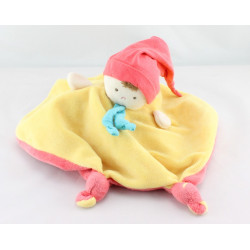 Doudou plat reversible poupée garçon rouge jaune NOUNOURS