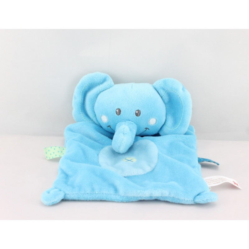 Doudou plat éléphant bleu étiquettes NICOTOY