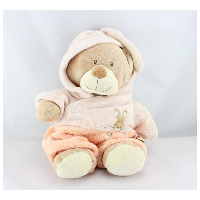 Doudou ours déguisé en lapin rose saumon NICOTOY 