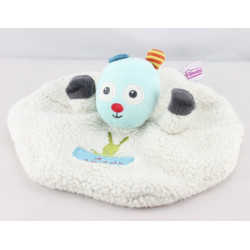 Doudou plat rond lapin chien blanc bleu POMMETTE