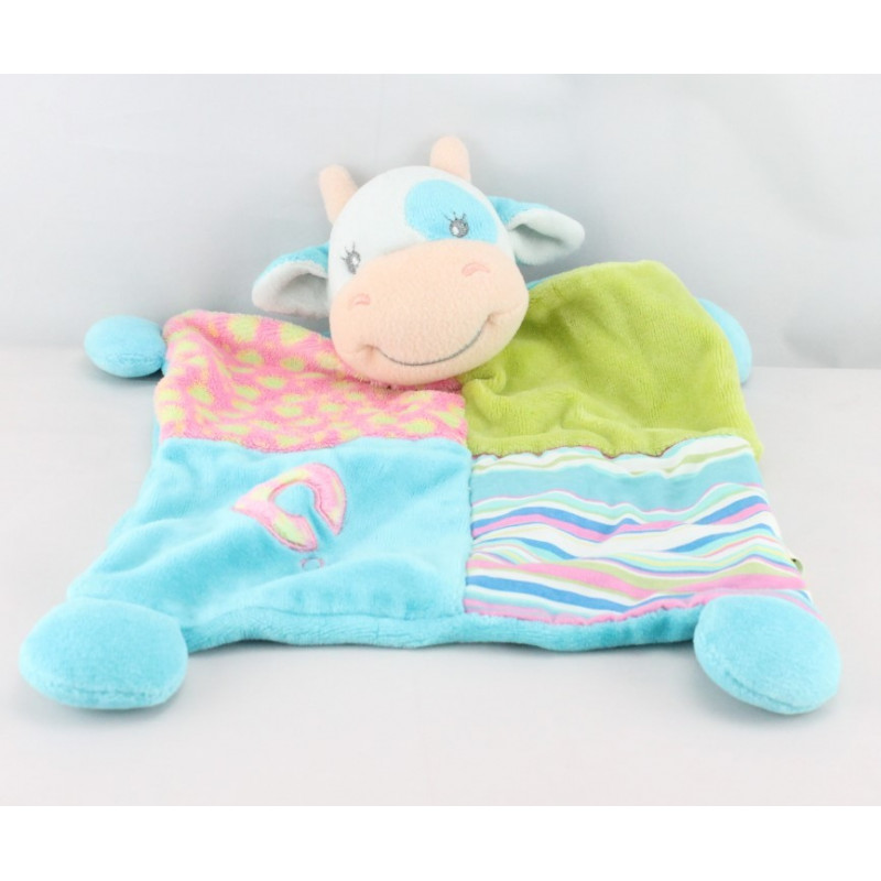 Doudou  plat vache bleu patchwork Cow LIL BARNYARD