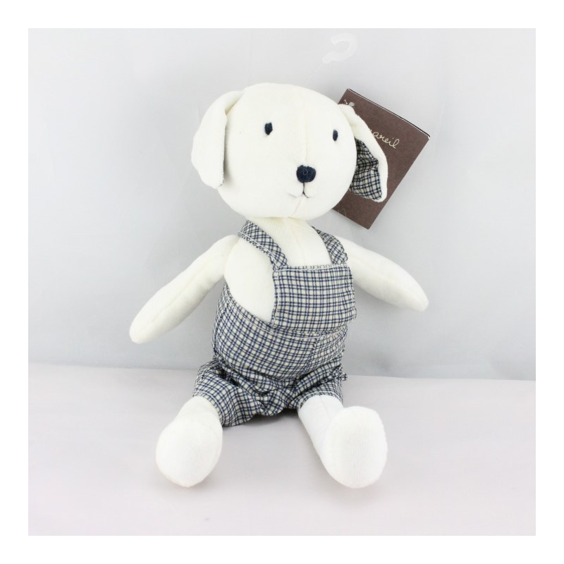 Doudou chien blanc salopette bleu DPAM DU PAREIL AU MEME