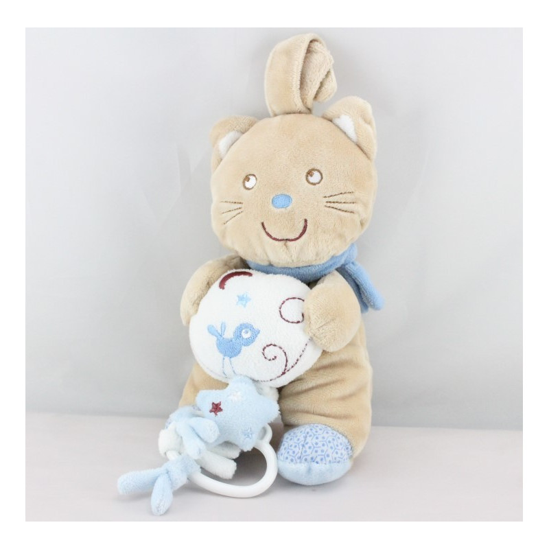 Doudou musical chat beige marron bleu brodé POMMETTE