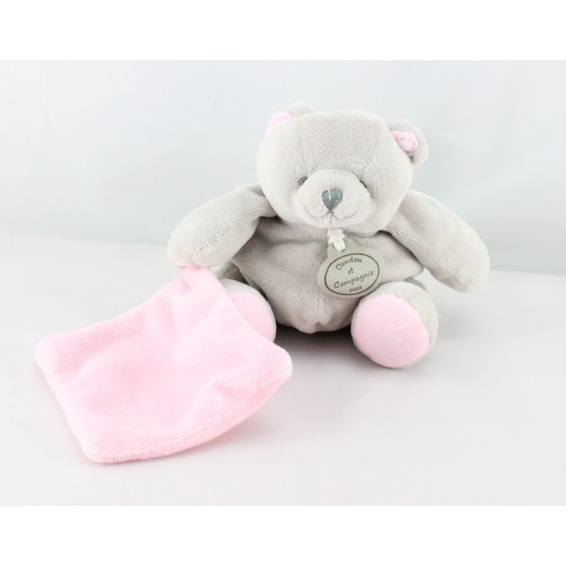Doudou et compagnie ours gris mouchoir rose