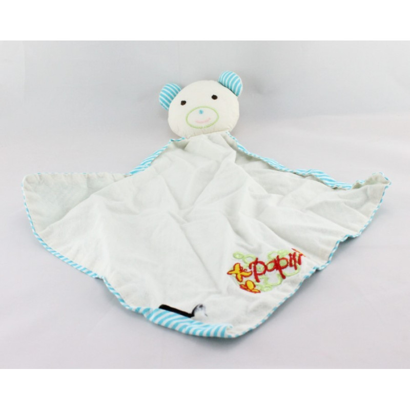 Doudou plat ours blanc rayé bleu PAPILI 