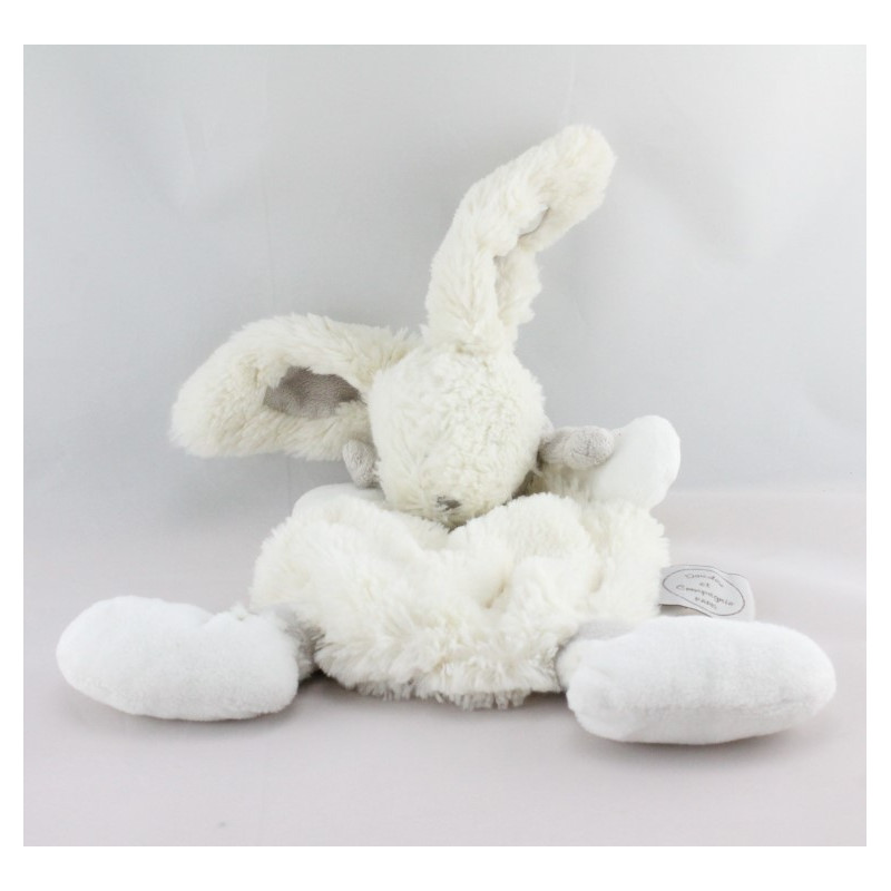 Doudou plat lapin blanc gris tout doux DOUDOU ET COMPAGNIE