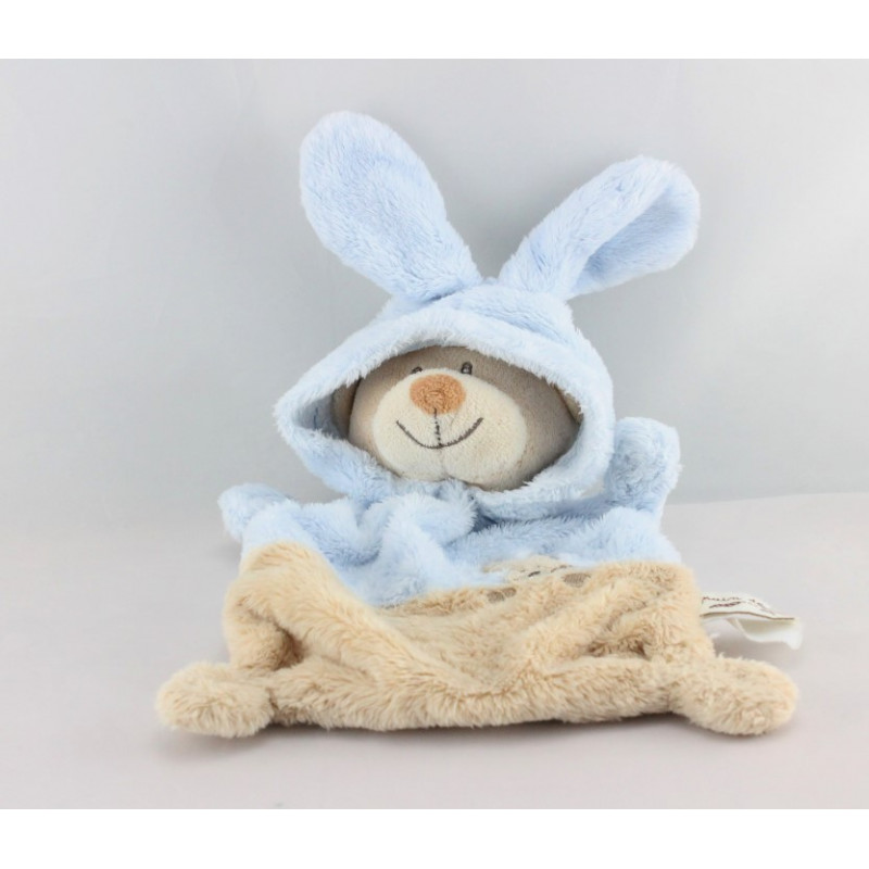 Doudou plat ours déguisé en lapin beige bleu GRAIN DE BLE