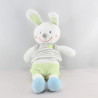 Doudou  lapin blanc bleu vert rayé gris NICOTOY